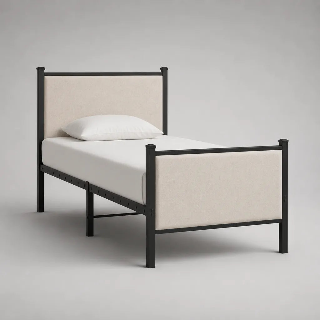 Letto singolo 90 × 200 cm in acciaio e tessuto imbottito, nero e beige chiaro