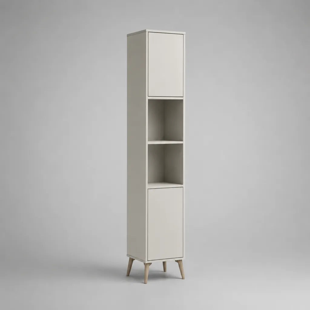 Chiudi colonna di stoccaggio in pannello di particelle di melamina, 2 porte e 2 nicchie, bianco rotto e beige naturale, 40 × 30 × 180 cm