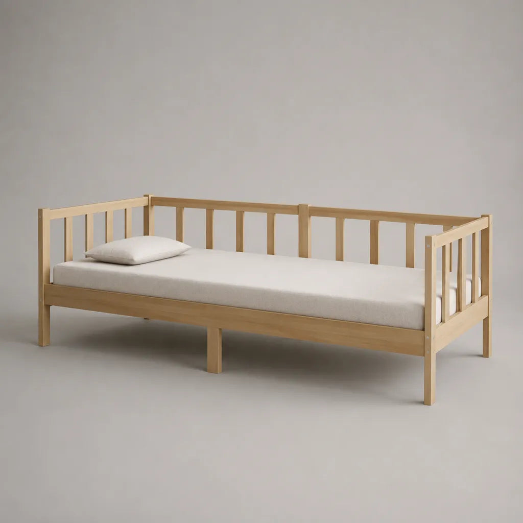 Panca da 1 posto in pino massiccio con barriere a tre lati, letto da 90 × 200 cm, legno naturale