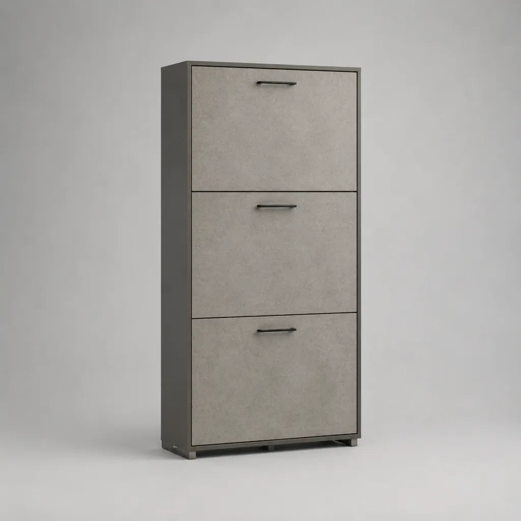 Armadietto per scarpe in legno, 3 porte taglienti, grigio cemento e grigio antracite, 60 × 24 × 120 cm