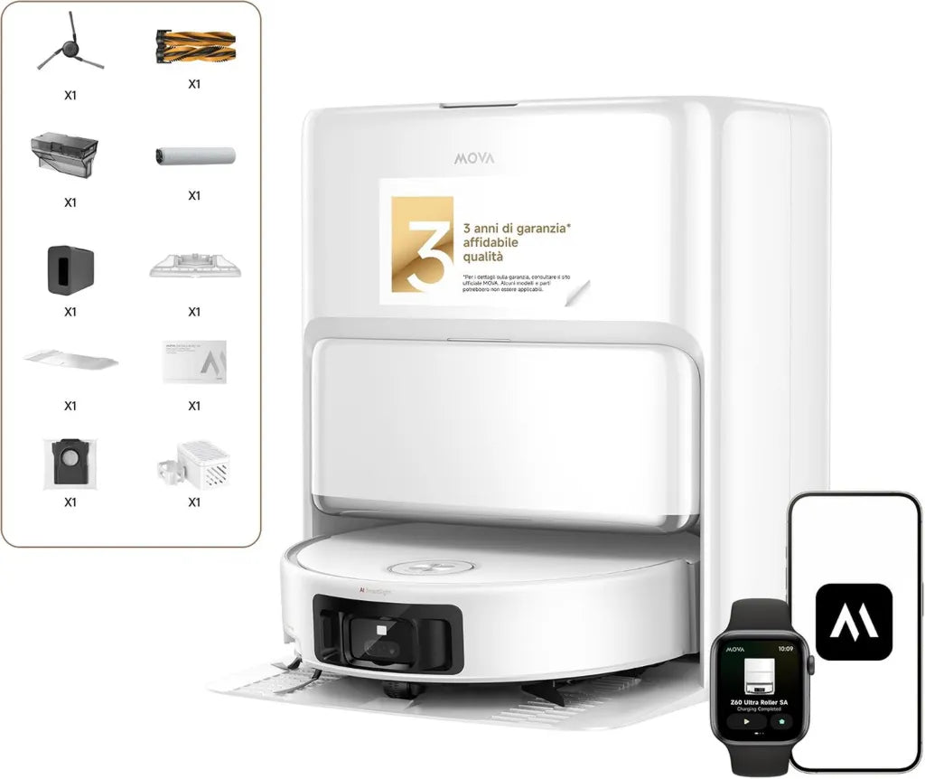 Mova Z60 Robot Aspirapolvere Autonomo, Potenza di Aspirazione 26000 Pa, Funzione Lavaggio HydroForce, Tecnologia MaxiReach con Radar Flessibile, Sistema Antigroviglio Trifasico