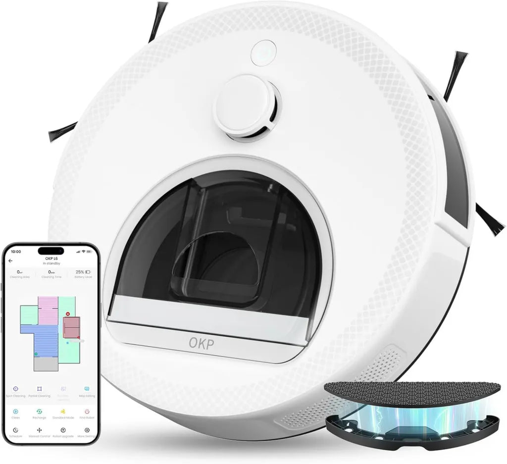 Robot Aspirapolvere Lavapavimenti OKP L6 con Mappatura Laser, 6000 Pa, Navigazione Intelligente, 150 Minuti di Autonomia, Compatibile con Alexa, WiFi 2.4G/5G, Perfetto per Animali e Superfici Dure, Bianco