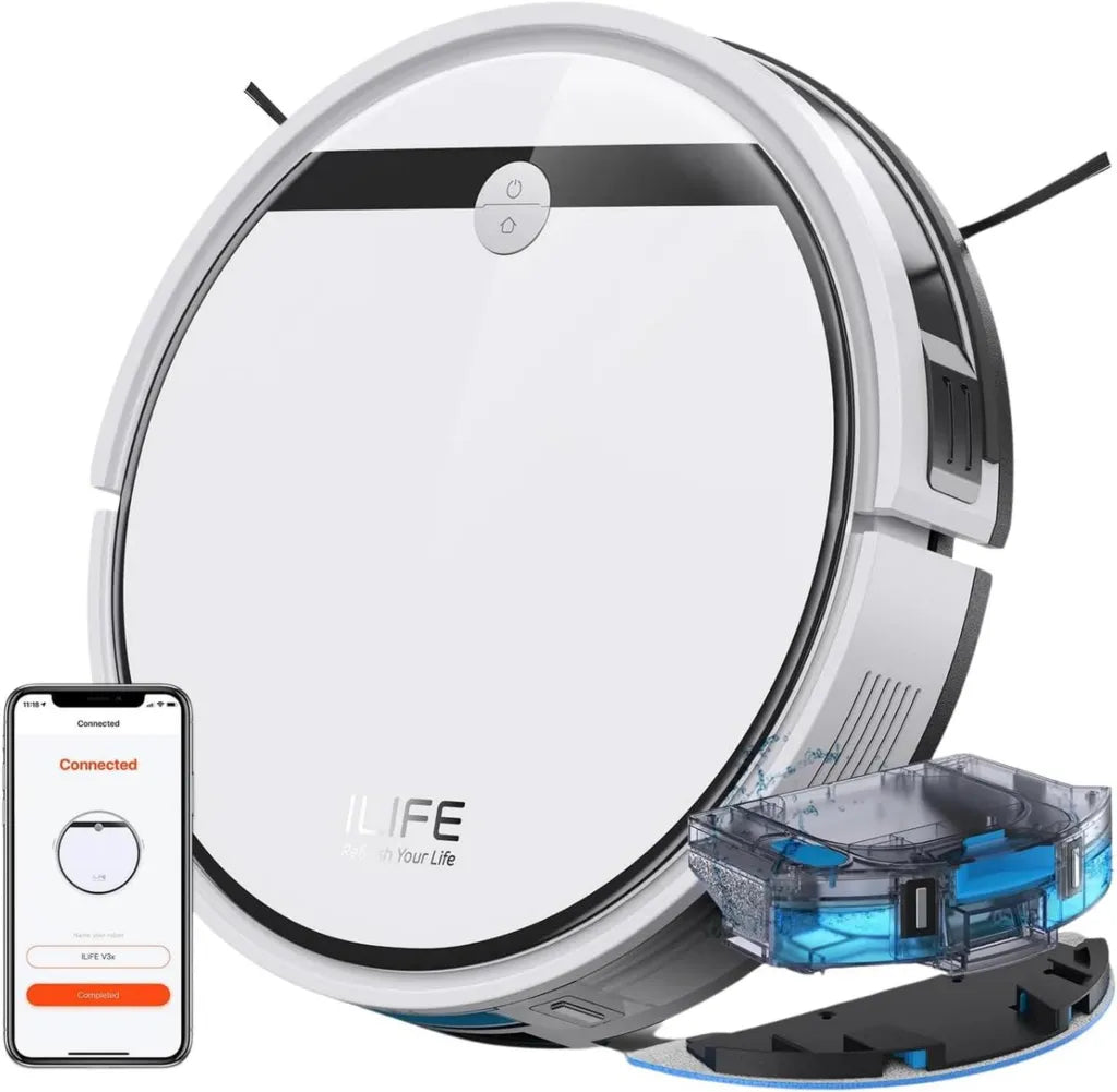 Aspirapolvere Robotico ILIFE V3x, Aspirazione Potente, Programmabile per Pulizia Quotidiana, Perfetto per Pavimenti Duri e Tappeti Sottili, Funzione Aspirapolvere e Mop (Bianco)