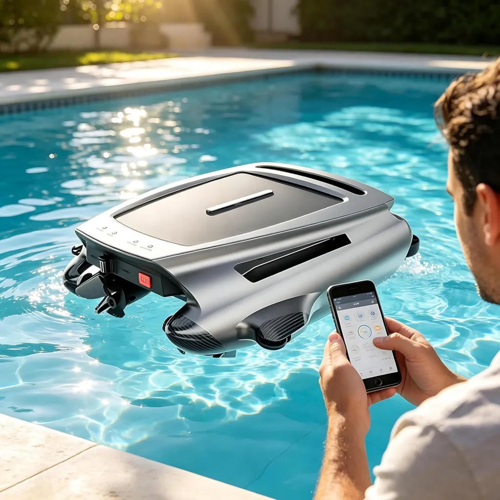 Robot da Piscina Solare Senza Fili, Capacità 3,8L, Batteria 5200mAh, IPX7, Controllo App e Telecomando, Sensore Anti-Ostacoli