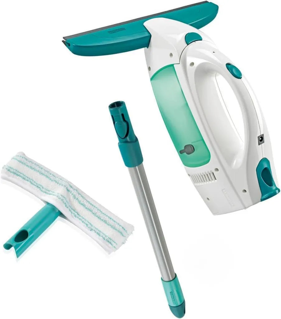 Set Lavavetri Elettrico Leifheit con Manico e Panno per Finestre, Autonomia fino a 38 Minuti, Strumento Professionale per Vetro e Doccia