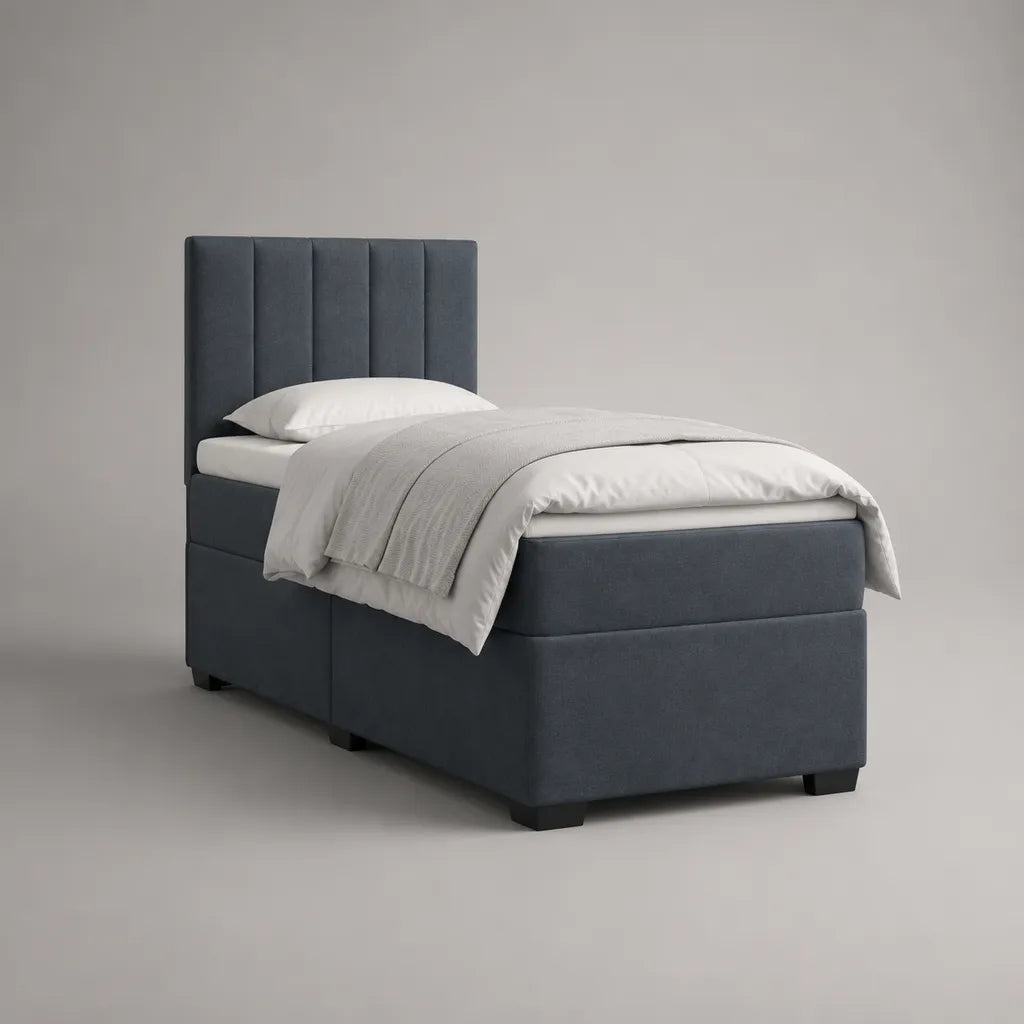 Letto singolo imbottito in velluto poliestere grigio 90 × 200 cm con materasso, testata e materasso