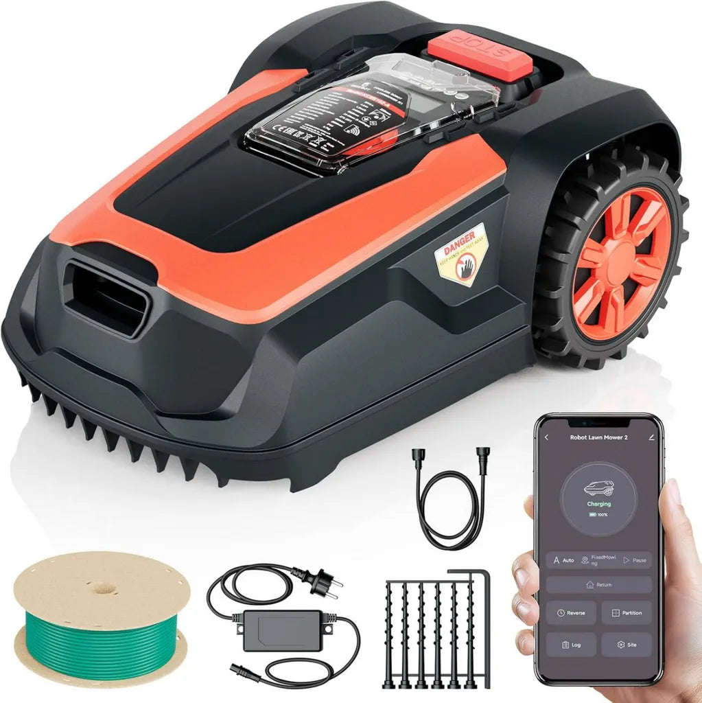 Robot Tagliaerba M1 con Bluetooth e App, Area Fino a 1400 m², Altezza Regolabile 25-65 mm, Pendenze 47%, Larghezza 22 cm