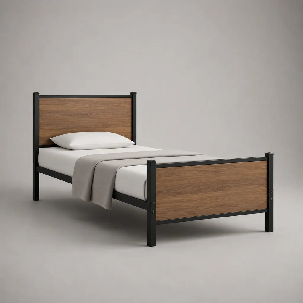 Letto singolo 90 × 200 cm in acciaio nero con pannelli simili rovere, 208 × 96 × 110 cm