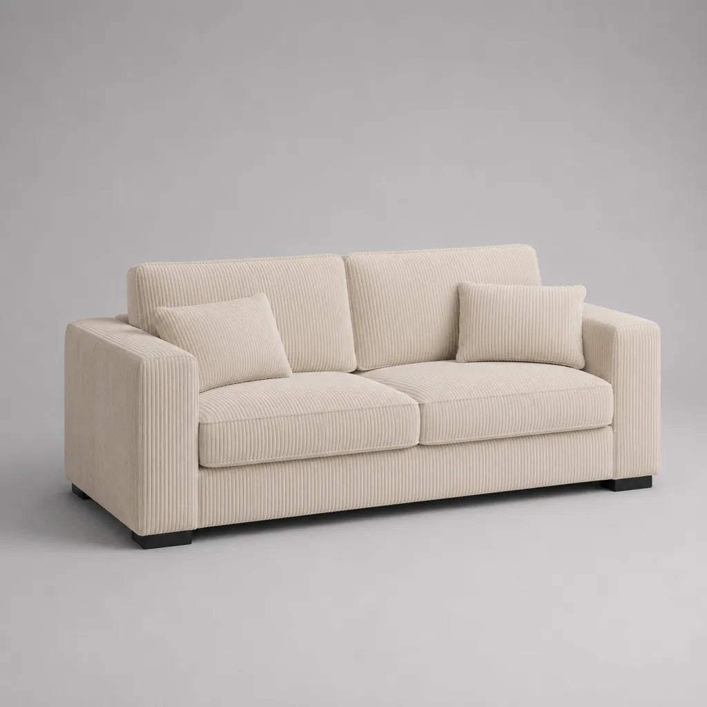 Divano rettangolare a 2 posti in velluto a costine beige crema con 2 cuscini, 190 × 90 × 85 cm
