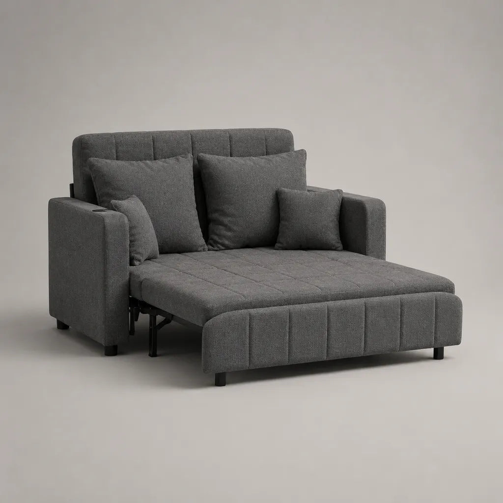 Divano letto 2 posti in tessuto grigio antracite, 148 × 92 × 88 cm, letto 130 × 188 cm, con 4 cuscini