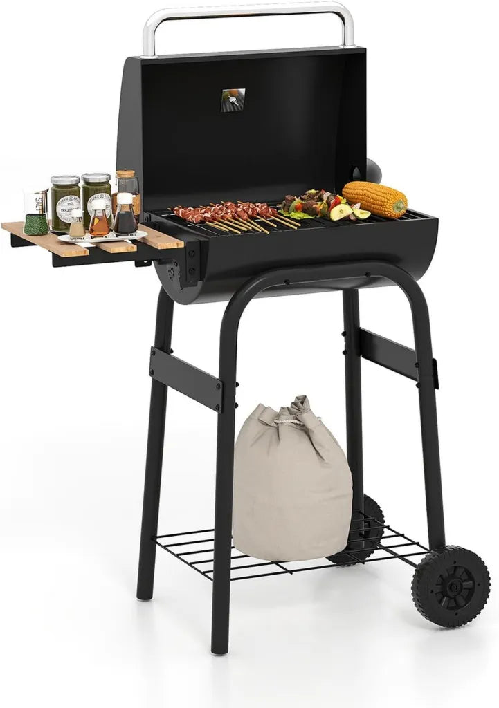 Griglia a Carbonella con Ripiani Pieghevoli e Termometro, Carrello BBQ con Ruote e Scomparto