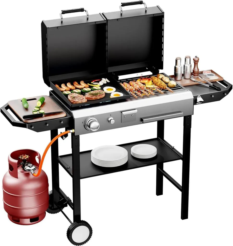 Barbecue Combinato a Gas e Carbone con Coperchio, 12000 BTU