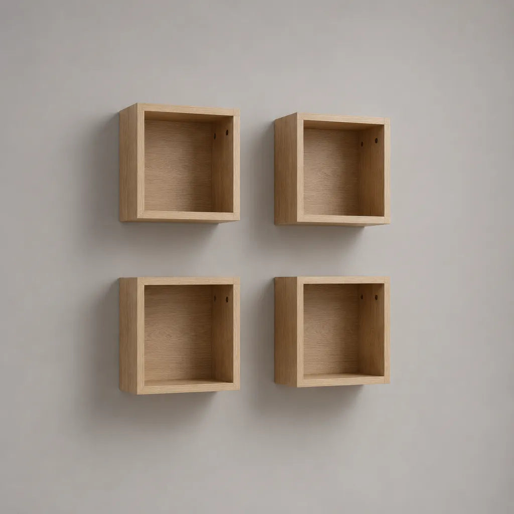 Lotto di 4 ripiani a parete cubici in rovere leggero MDF, 25 × 25 × 12 cm