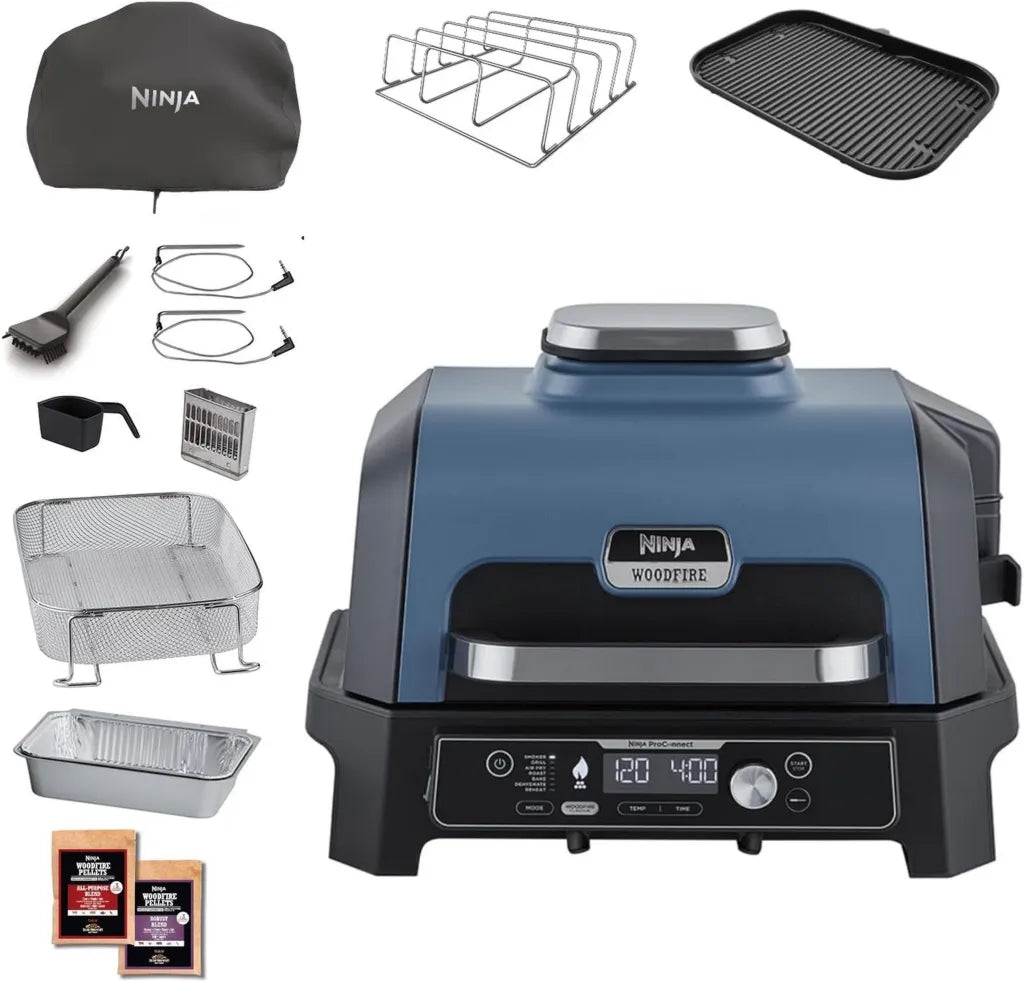 Griglia Elettrica Ninja Woodfire Pro Connect XL 7-in-1 con App, Termostato e Accessori, Blu/Nero