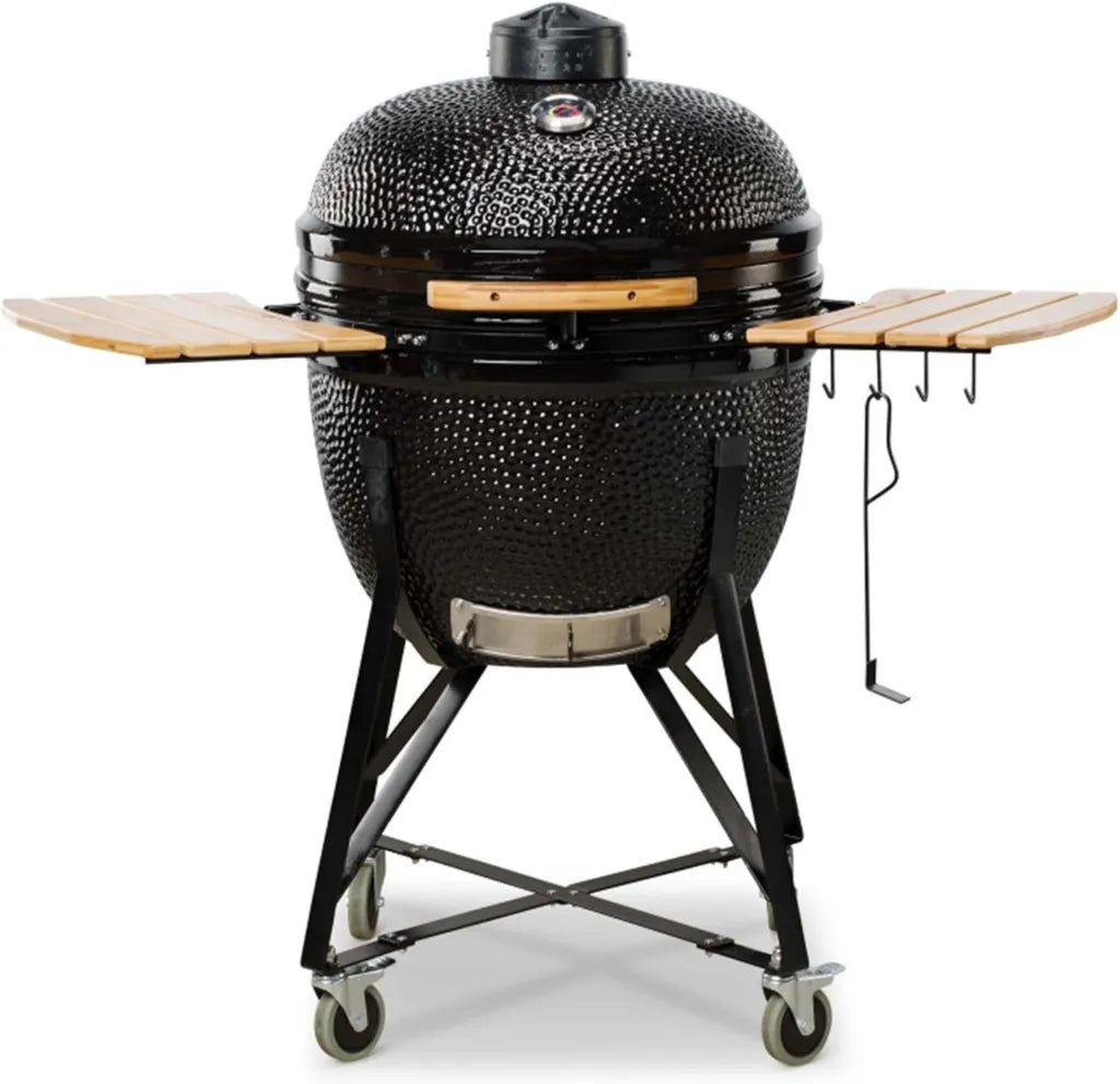 Griglia Kamado Bono in Ceramica con Supporto a Ruote, Multifunzione per 15+ Persone, Diametro 64 cm, Nero