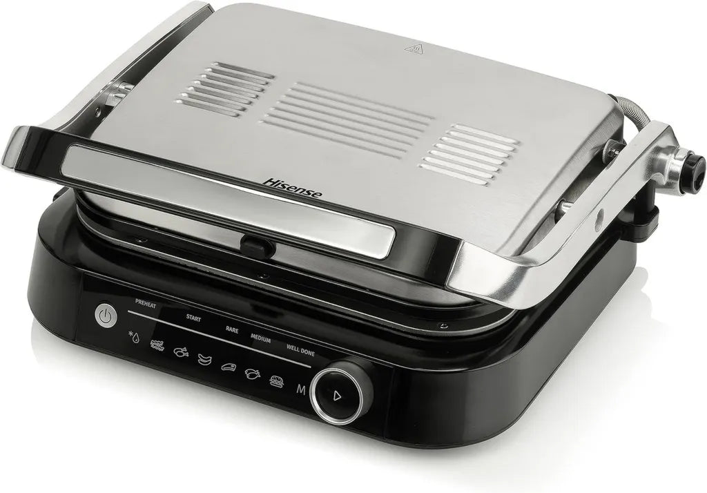 Griglia Elettrica Hisense HCG2100S con Piastre Amovibili, Apertura a 180°, Controllo Termico, Programmi Intelligenti, Indicatori LED e Audio, 2100W