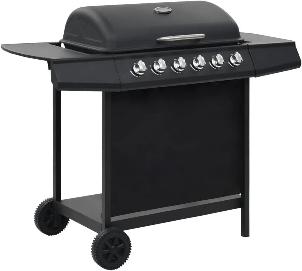 Griglia a gas 6 fuochi in acciaio, con termometro e vaschetta raccogli grassi, 112x54x98 cm, per esterni, nero