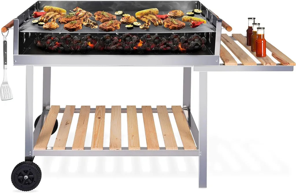 Griglia a Carbone con Carrello e Tavolo Laterale - Acciaio Inossidabile - 2 Griglie - BBQ Portatile