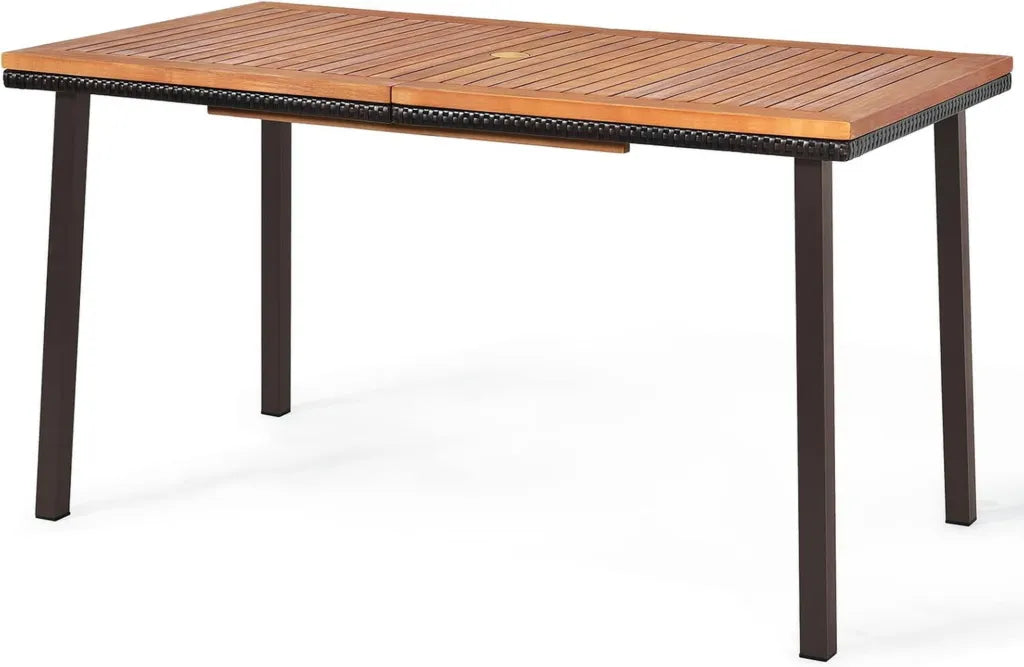 Tavolo da Pranzo in Legno d'Acacia con Foro Ombrellone e Gambe in Metallo, 140x75x75,5 cm, Ideale per Giardino e Terrazza
