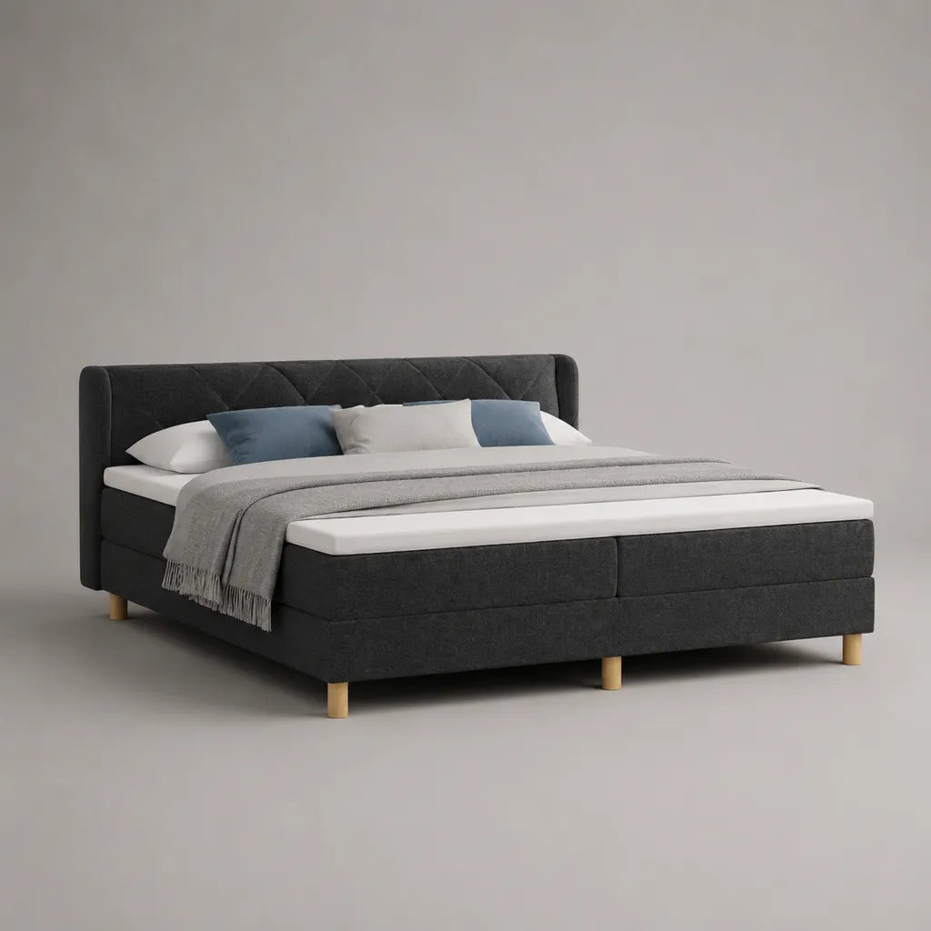 Letto matrimoniale imbottito in tessuto antracite con testa letto imbottita, letto 180 × 200 cm, 215 × 191 × 110 cm
