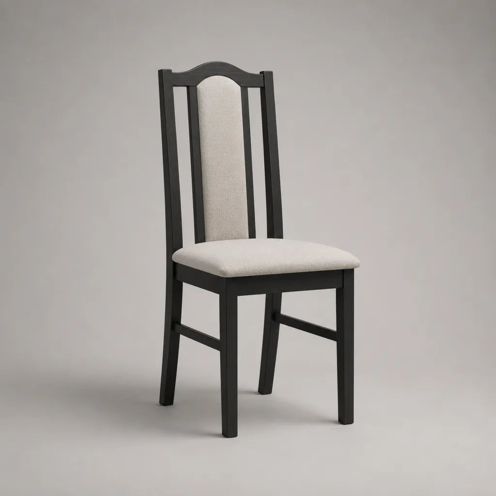 Sedia posteriore imbottita in legno nero e tessuto beige, 44 × 50 × 98 cm
