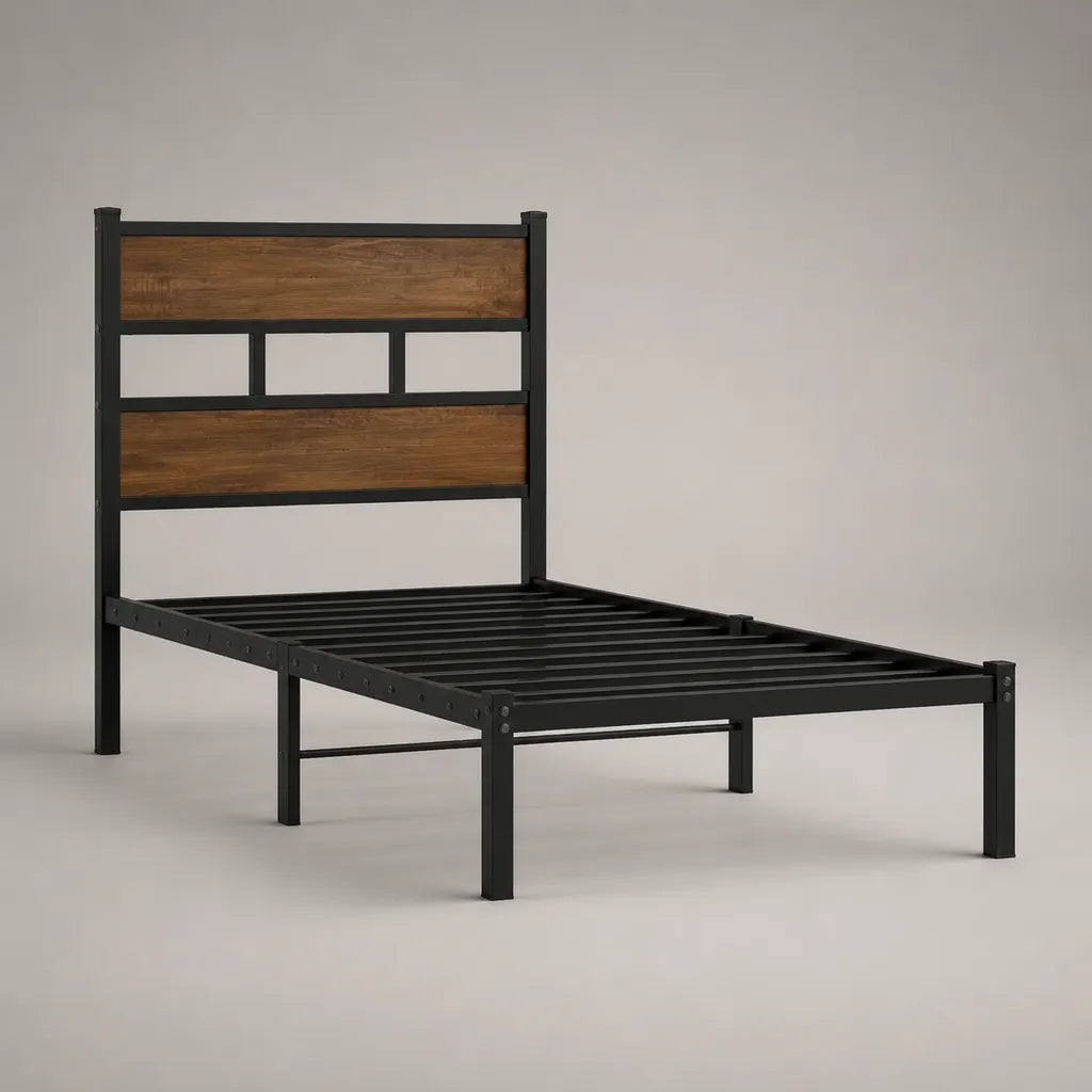 Telaio letto singolo 90 × 200 cm in acciaio e legno, rovere nero e marrone