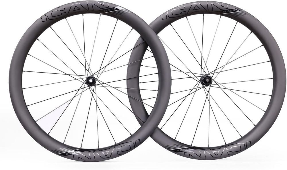 Ruote Carbonio ICAN FL40/FL50 Disc 700C, Sistema Mozzo 36T con Cricchetto, Larghezza Interna 23 mm, Peso 1212g/1285g