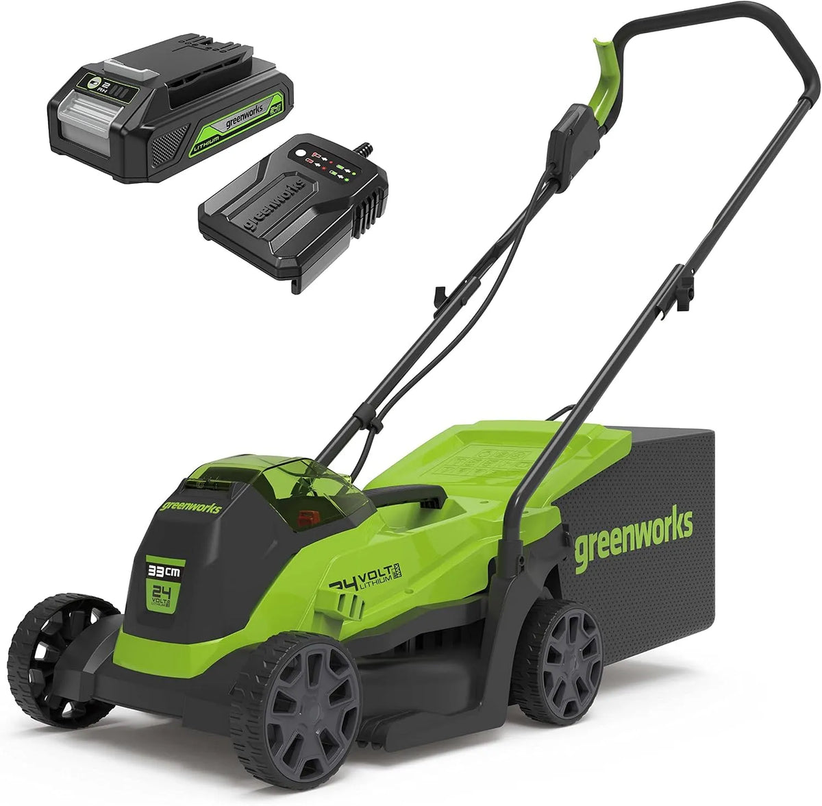 Greenworks 24V GD24LM33K2 Tosaerba – CON, a batteria, motore brushless, 33cm, 140m, 30L