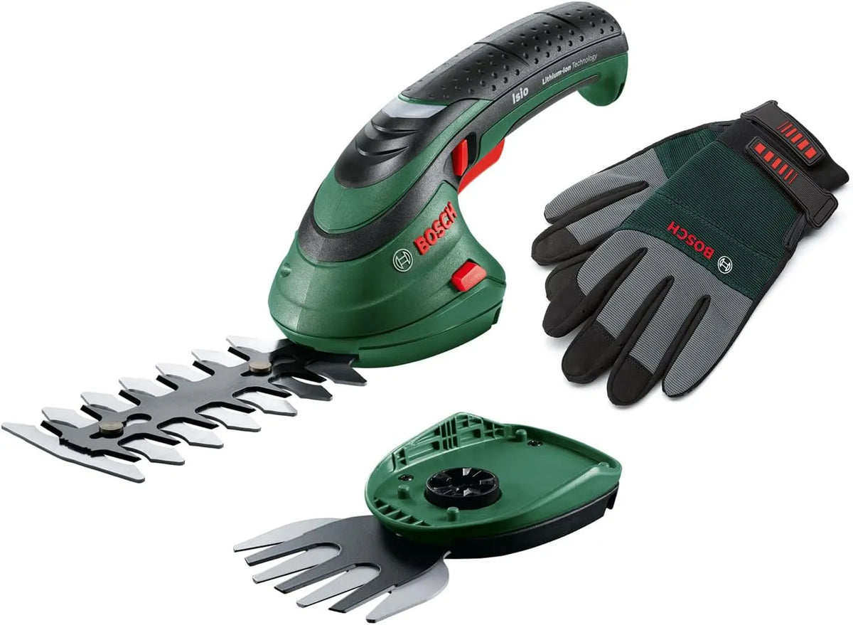 Bosch Set Forbici da giardino per rifinire bordi del prato e piccoli arbusti a batteria Isio