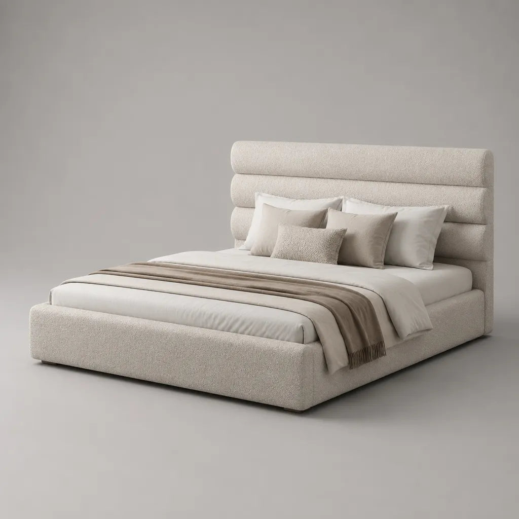 Letto matrimoniale imbottito in tessuto crema, letto 180 × 200 cm, dimensioni 220 × 200 × 140 cm