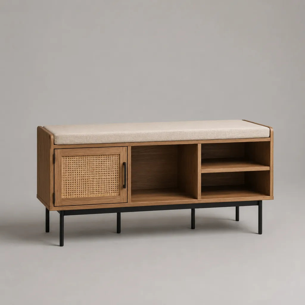 Calzature con panca imbottita in legno, metallo e confezionamento, marrone, beige e nero, 120 × 35 × 60 cm