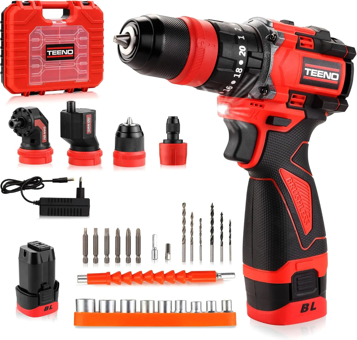 Trapano avvitatore e trapano elettrico, a batteria, motore brushless, uso professionale, 18 V, 45 Nm