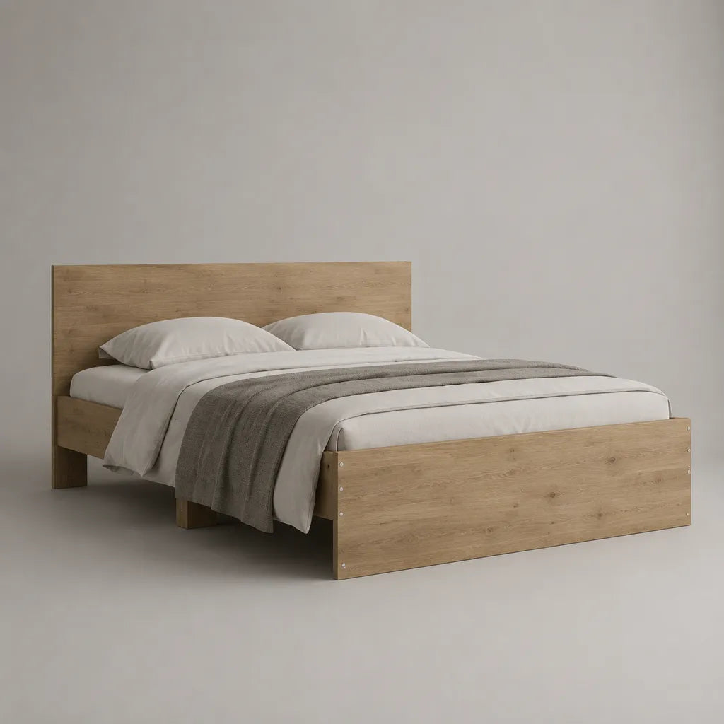 Telaio letto matrimoniale in pannello a particelle, rovere naturale, letto 160 × 200 cm, dimensioni 206 × 166 × 100 cm