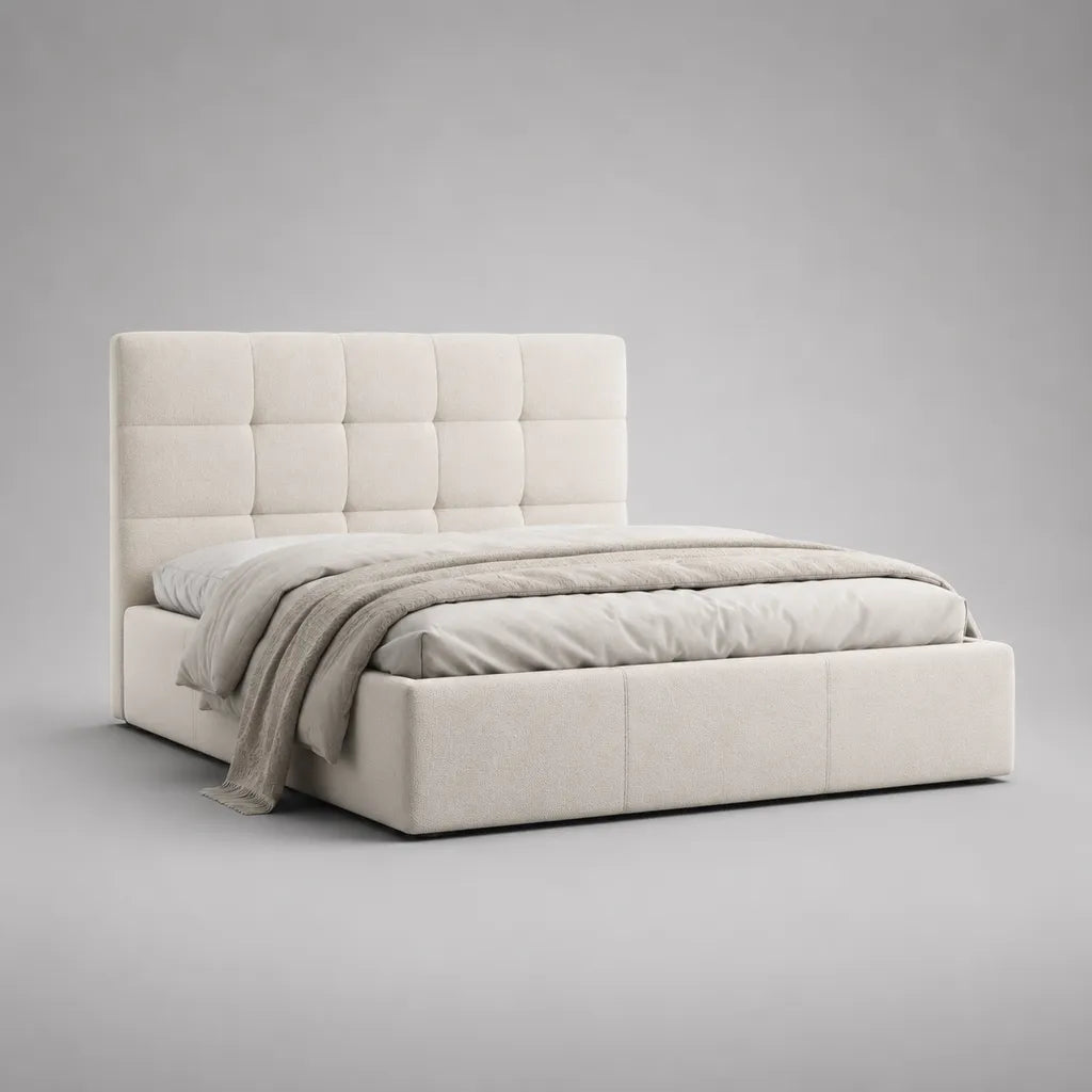 Letto matrimoniale imbottito in tessuto crema con testata imbottita e letto con latte, letto 160 × 200 cm, dimensioni 178 × 218 × 115 cm