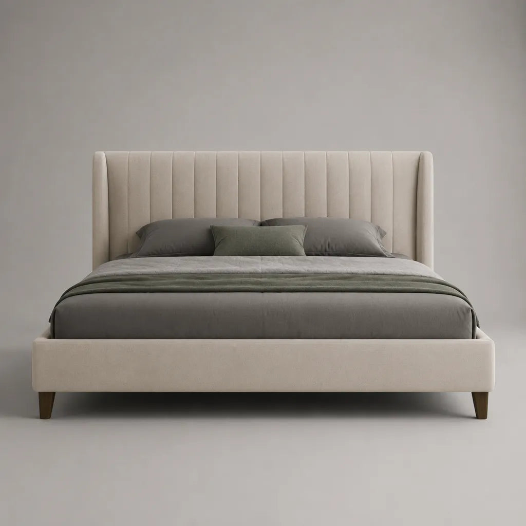 Letto matrimoniale imbottito in tessuto beige 160 × 200 cm con lettino testata e letto con latte, 178 × 218 × 120 cm