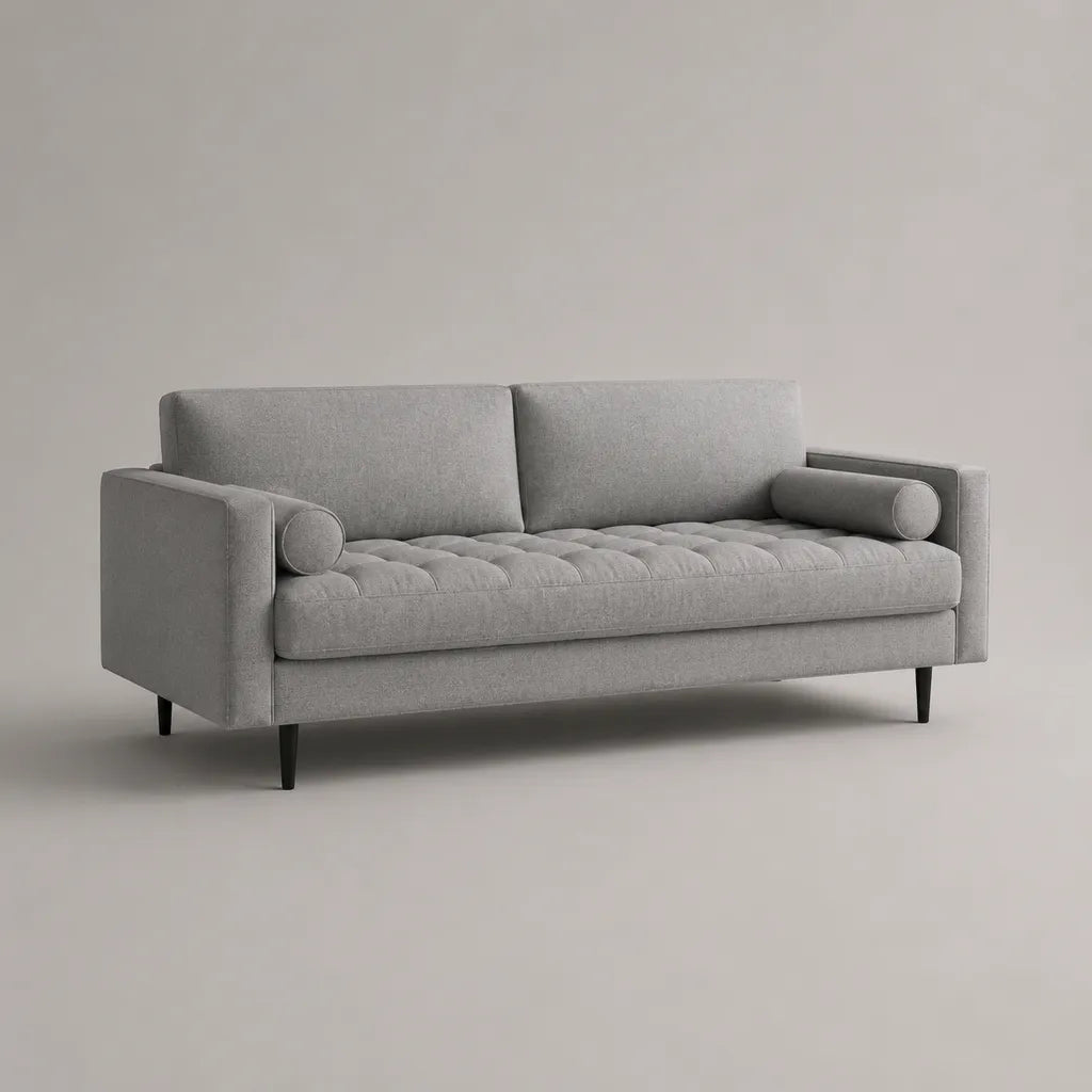Divano a 3 posti in tessuto grigio chiaro con sedile imbottito e cuscini cilindrici, 202 × 84 × 84 cm