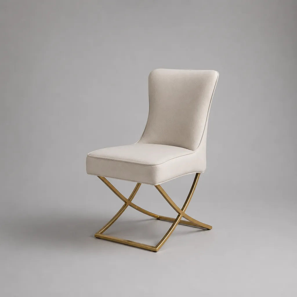Sedia imbottita in velluto poliestere beige con piedini in croce in acciaio dorato, 50 × 58 × 86 cm