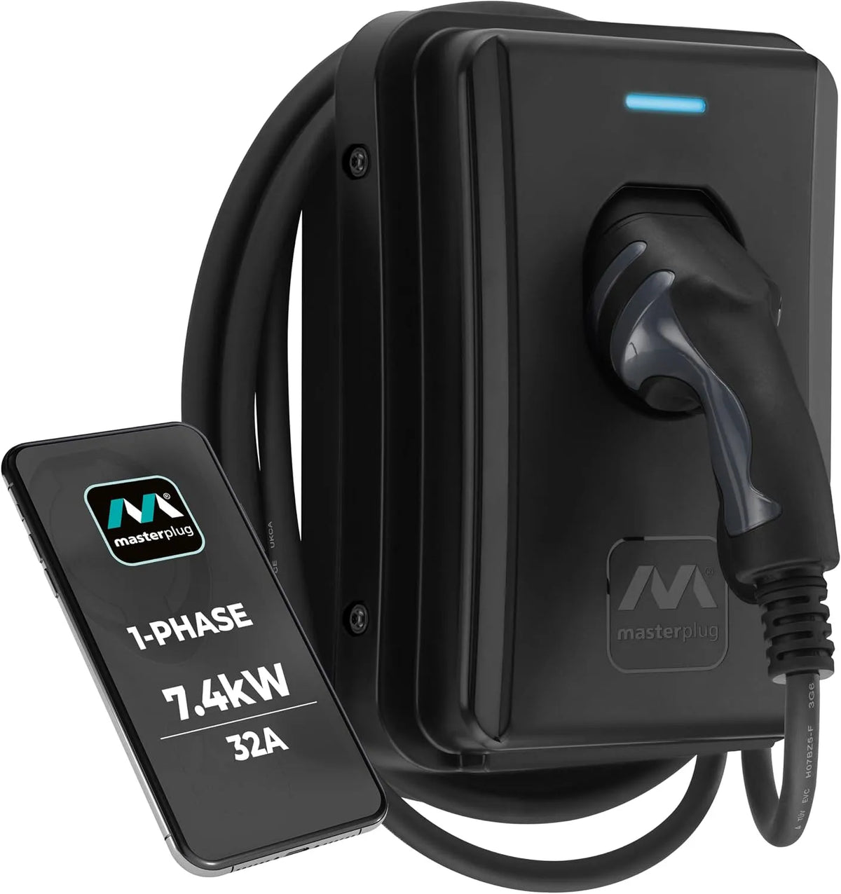 Masterplug EVCM3ST7B/EU Cavo di ricarica Tipo 2 per auto elettrica e cavo EV Mode 3, 7,4 kW, alimentazione solare, controllo tramite app, 32A, 5m