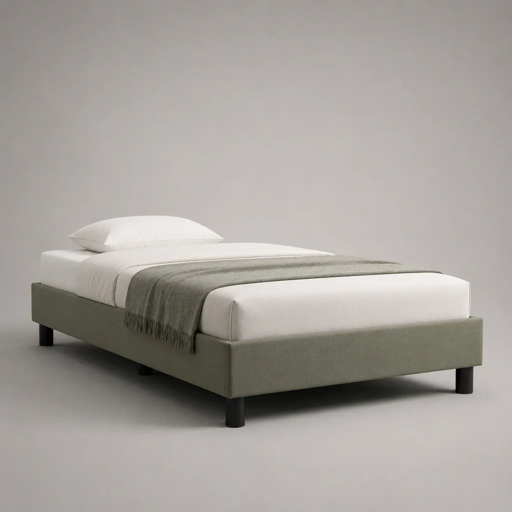 Letto matrimoniale in tessuto verde salvia con lettino latte, senza testiera, per materassi 140 × 200 cm, dimensioni 146 × 206 × 36 cm