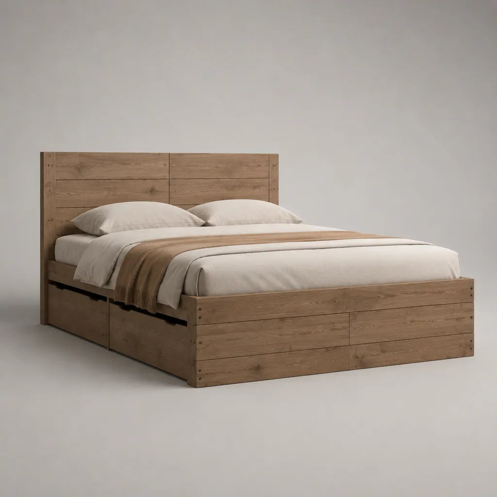 Letto matrimoniale rettangolare con contenitore di particelle, rovere marrone, letto 160 × 200 cm, dimensioni 210 × 168 × 120 cm