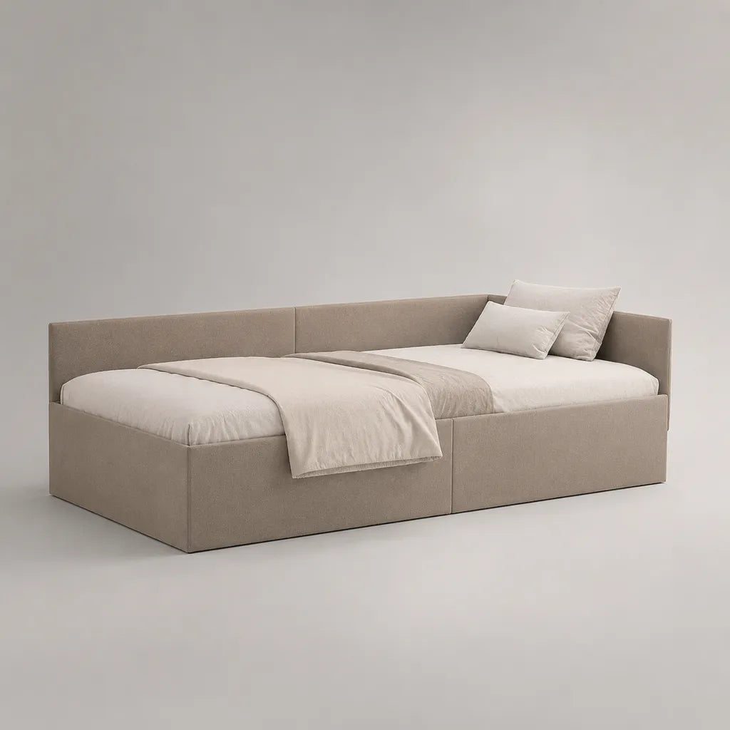 Letto matrimoniale imbottito rettangolare in tessuto di poliestere beige, letto 160 × 200 cm, dimensioni 218 × 178 × 78 cm