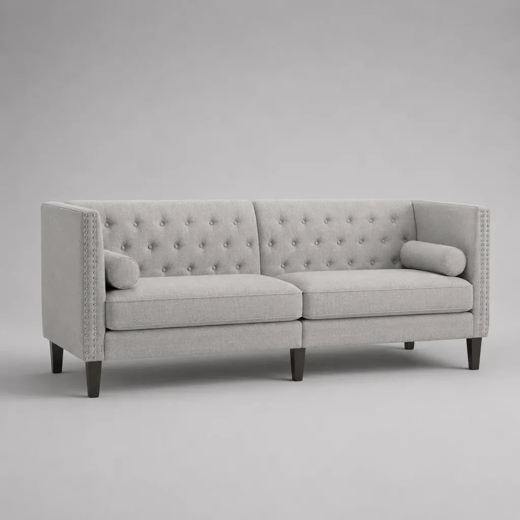 Divano a 3 posti con tessuto grigio chiaro con 2 cuscini cilindrica, 210 × 83 × 84 cm