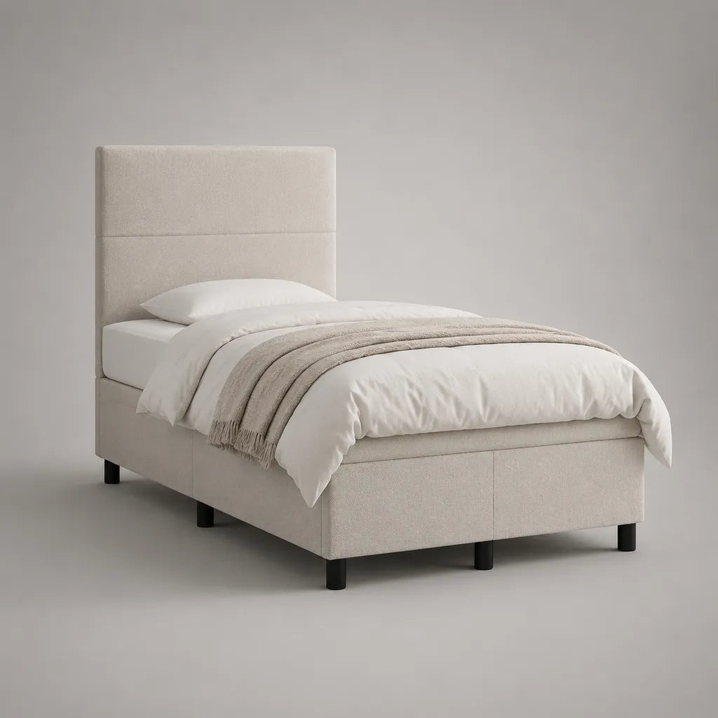 Letto singolo imbottito in tessuto beige e nero con testata, letto 90 × 200 cm, dimensioni 208 × 96 × 115 cm