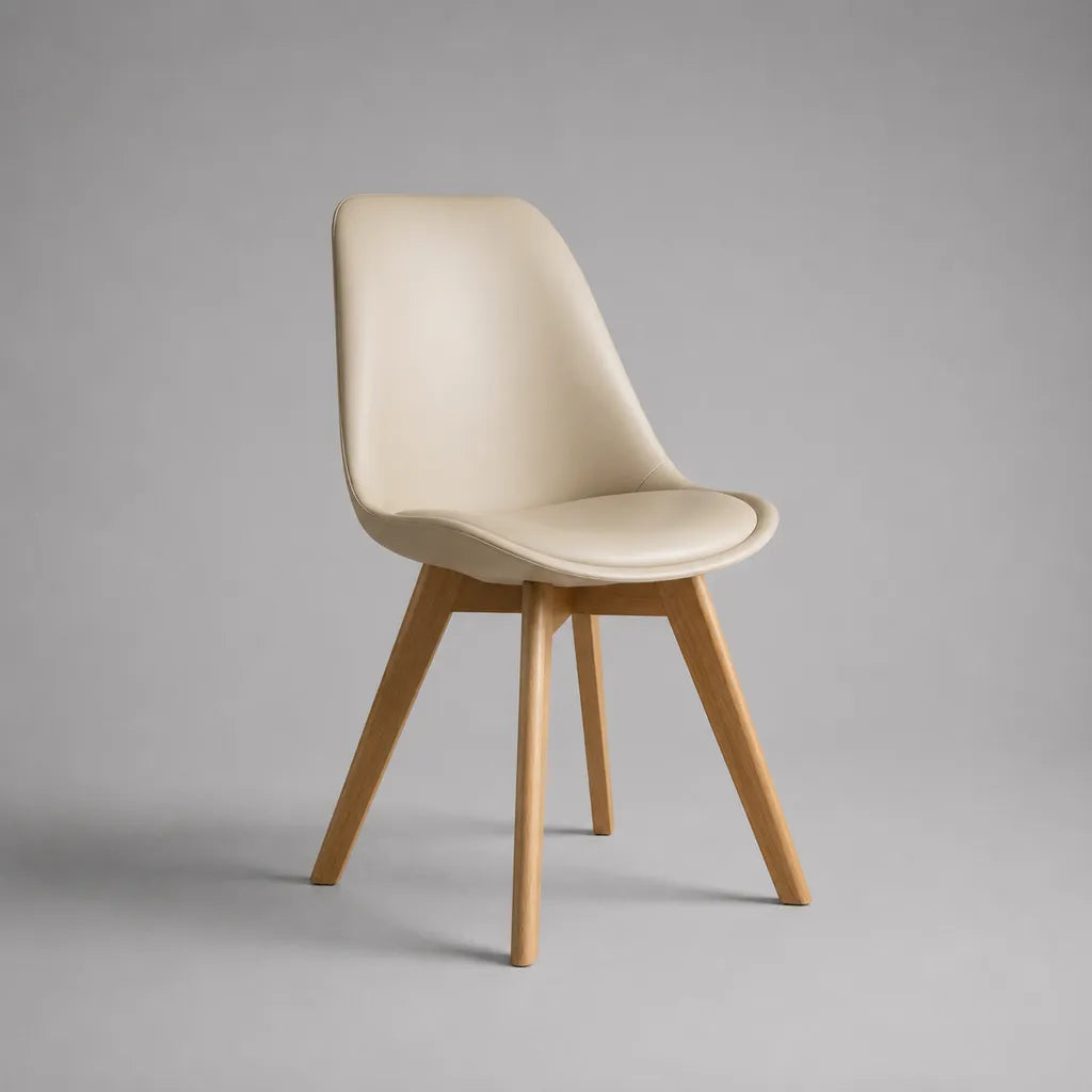 Sedia da pranzo in pelle crema PU con piedi in faggio massiccio, 49 × 55 × 83 cm