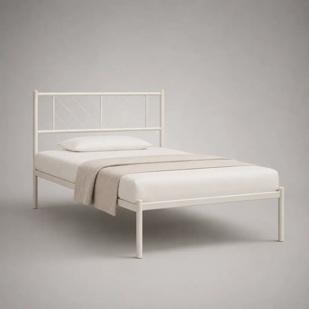 Letto un quadrato in acciaio bianco con testata e piano letto con latte, letto 90 × 200 cm