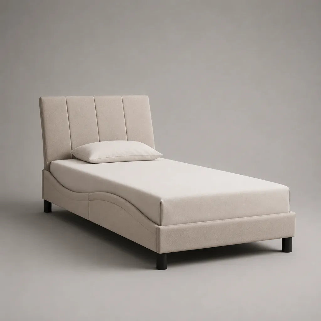 Letto singolo imbottito in tessuto beige e legno con letto con latte, letto 90 × 200 cm, dimensioni 102 × 212 × 105 cm