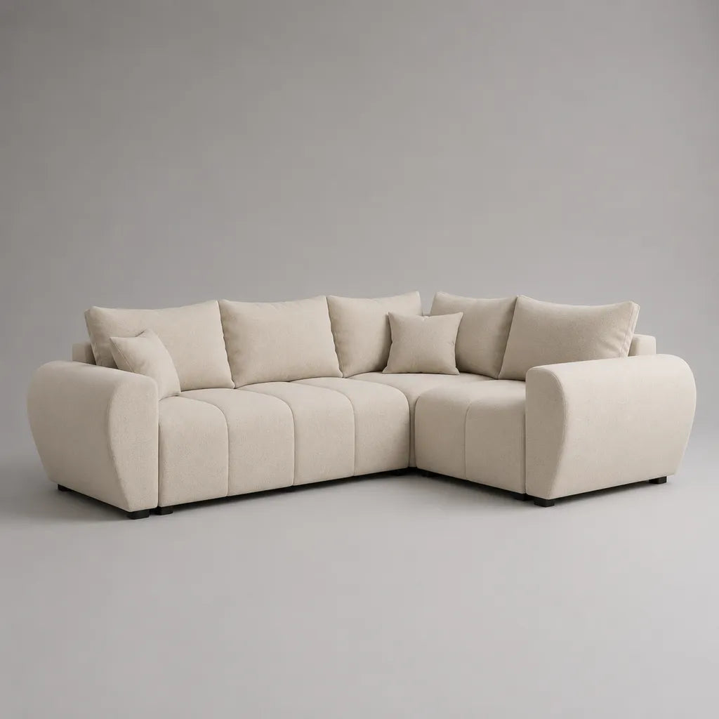 Divano angolare modulabile 5 posti in tessuto crema, schienale destro, 280 × 200 × 88 cm