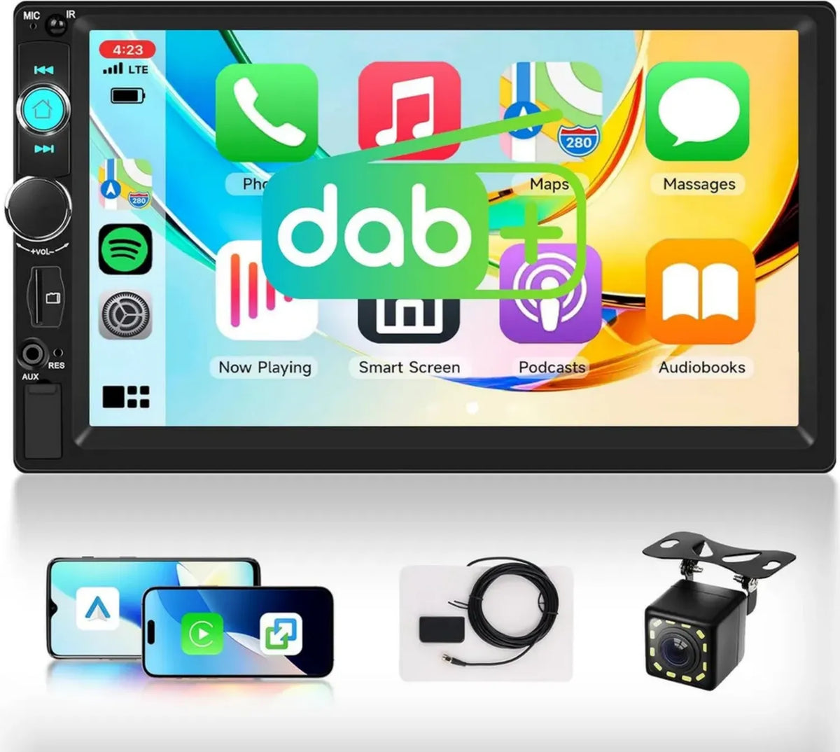 Autoradio 2 Din 7'' con Carplay e Android Auto Wireless, Radio Digitale DAB+, Bluetooth, Specchio Schermo, Ingresso USB/Type-C, e Telecamera