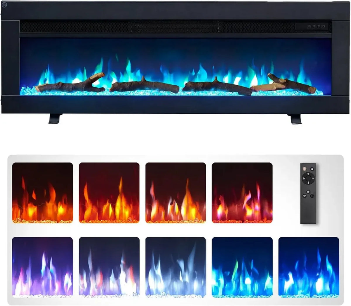 Dilton - Caminetto elettrico 3 in 1 con fiamma LED a 9 colori, riscaldamento regolabile, montaggio versatile, telecomando incluso