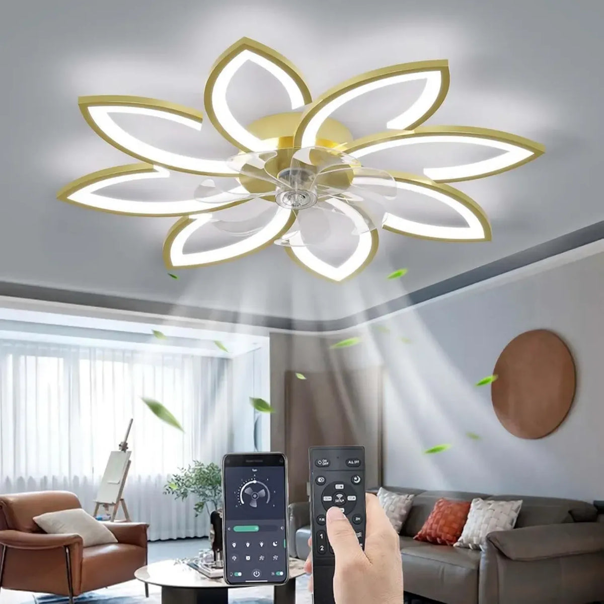 Ventilatore da soffitto LED dimmerabile con telecomando, moderno, 6 velocità, oro 90cm, per soggiorno o camera da letto